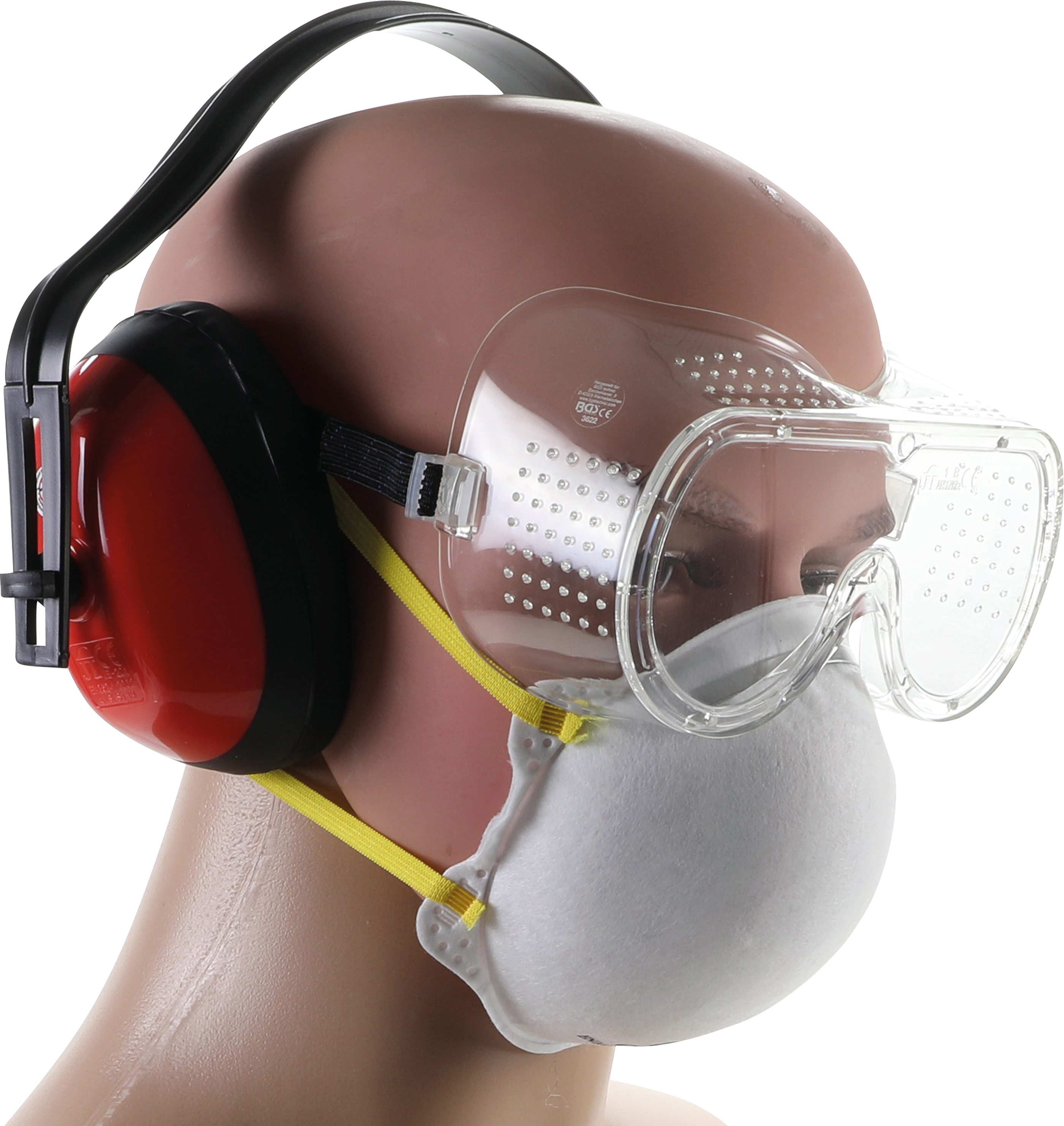 Arbeitsschutz-Satz Kapsel-Gehörschutz Grobstaub-Maske Vollsicht-Schutzbrille 3tg 
